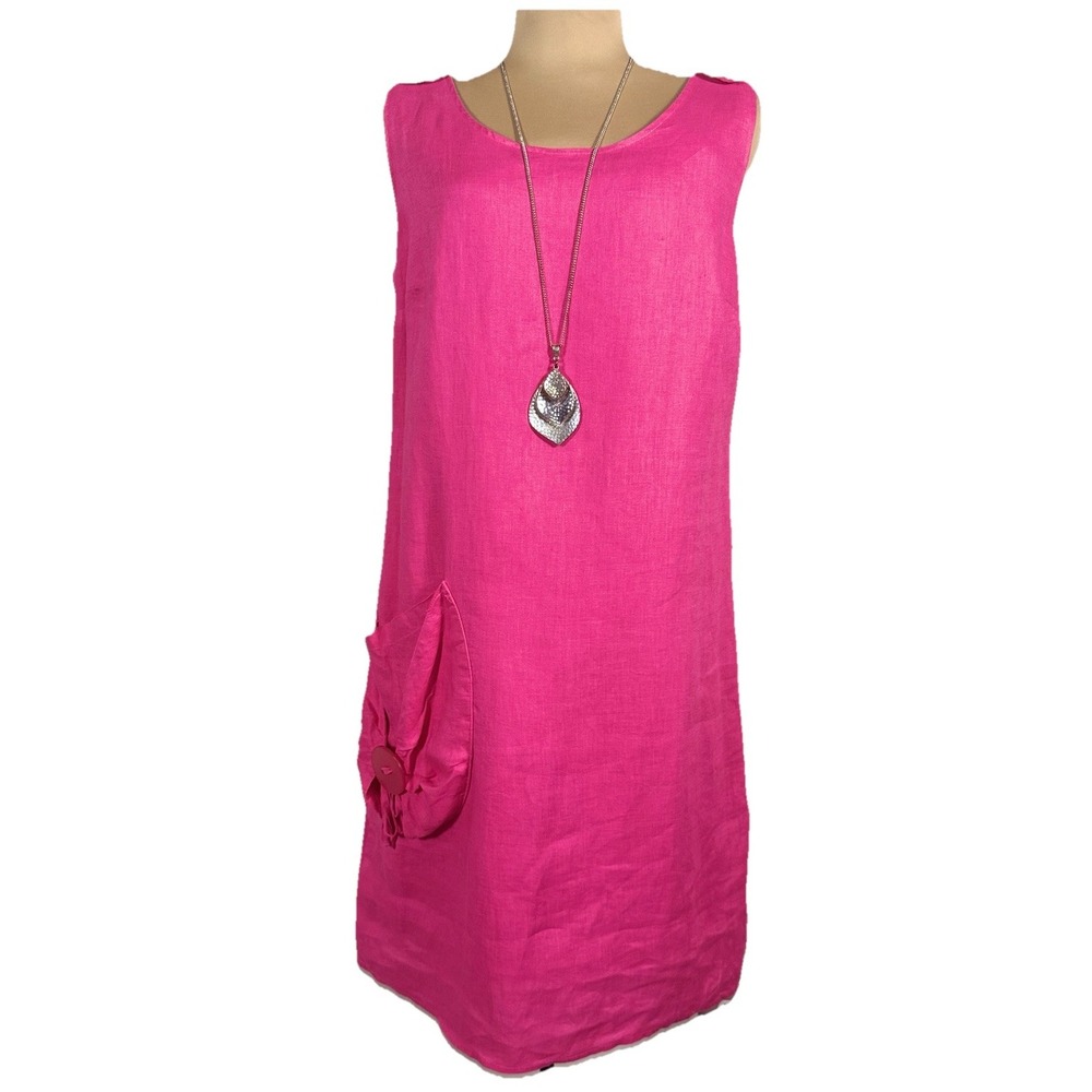 Carre Noir 100% Linen Shift Dress Size M Hot Pink Midi Sleeveless Pockets Lined